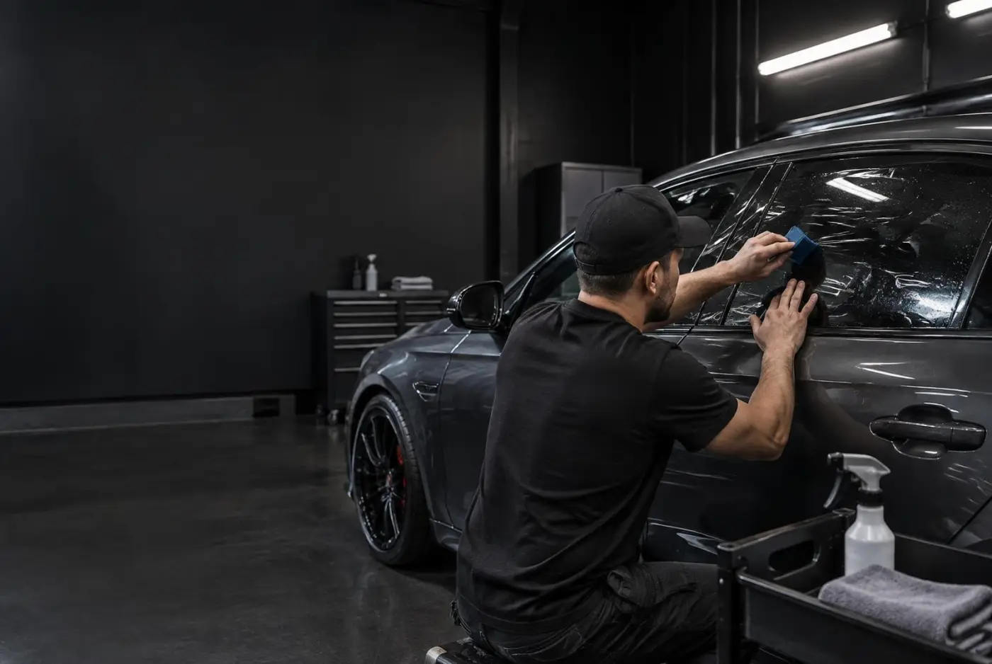 VQ Premium Tints installer applying window film